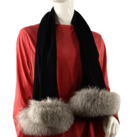 Cashmere Scarf Black Gray Fox Fur Trim One Size SKU 000359-1 - Picture 1 of 7
